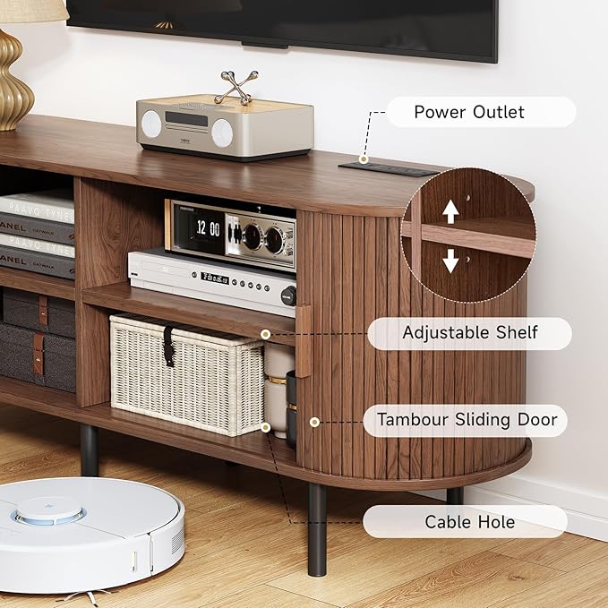 86.6" TV Stand with Power Outlet, Mid-Century Modern Television Stand, Fluted Media Console with Sliding Doors, Entertainment Center for TVs up to 90 Inch, Adjustable Shelves, Walnut
