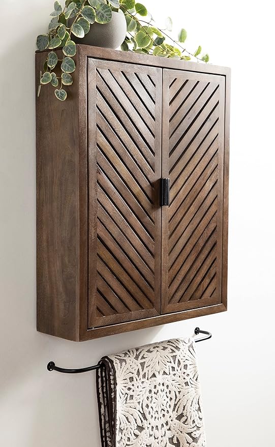 Kate and Laurel Mezzeta Decorative Modern Two-Door Floating Bathroom Cabinet; 28 x 22 x 7; Natural Wood; Decorative Over Toilet Storage Cabinet Made from Solid Mango Wood with Slatted Chevron Design