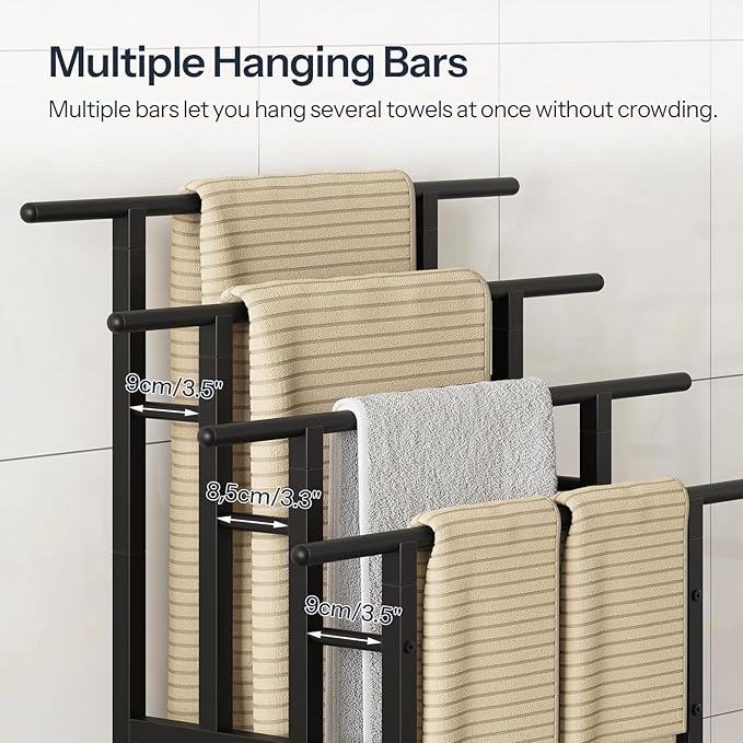 HOOBRO 4-Tier Freestanding Towel Rack, 28.3" L x 15.7" W x 41.3" H, Pool Towel Rack Outdoor, Metal Bathroom Storage Organizer with Bottom Shelf, Standing Blanket Rack, Industrial Style, Black BK16LB01