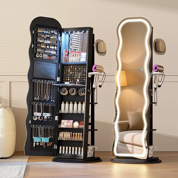 Vlsrka LED Mirror Jewelry Cabinet Standing, 360° Swivel Jewelry Aromire Organizer with Wavy Mirror, Lockable Jewelry Mirror with Storage, Jewelry Cabinet, Interior Mirror, Foldable Shelf (LED Black)
