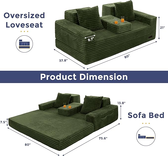 MAXYOYO Loveseat Sofa Bed, Striped Faux Fur Foldable Floor Sofa Couch in A Box, 4 in 1 Convertible Boneless Couch with 2 Cup Holders, Folding Recliner Sleeper Chair, No Assembly Required, Pine Green