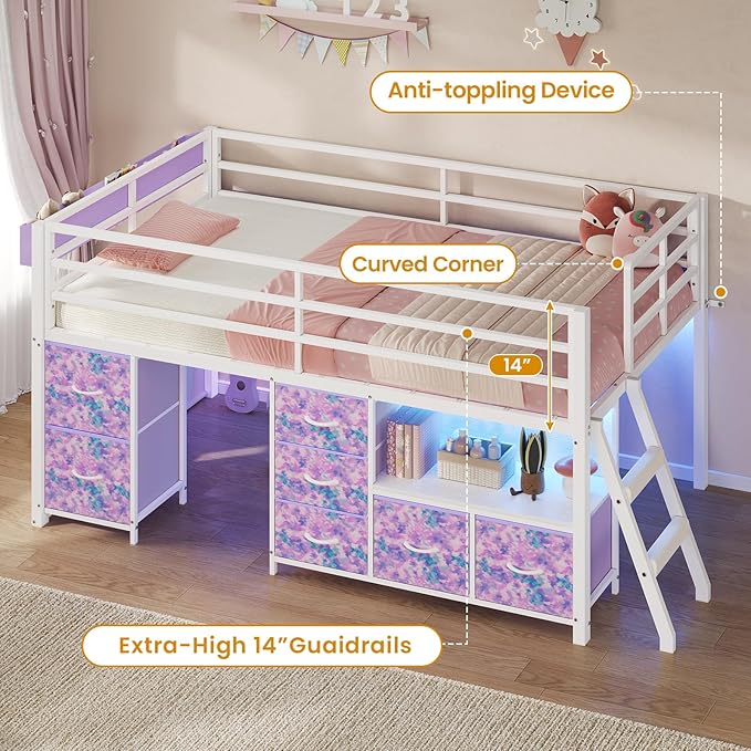 ADORNEVE Low Loft Bed Twin Size with 7 Storage Drawers, Bookcase and LED Lights, Metal Kids Loft Bed with 14" H Safety Guardrail,Inclined Ladder and Play Curtain, Under-Bed Play Space, Purple