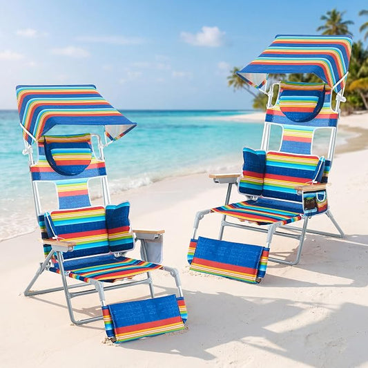 5-Positon Backpack Beach Chair, Portable Folding Tanning Chair, Double Shoulder Straps Beach Lounge Chair with Footrest, Face Hole, Towel Bar (Red Blue, 60.6" with Canopy (Set of 2))