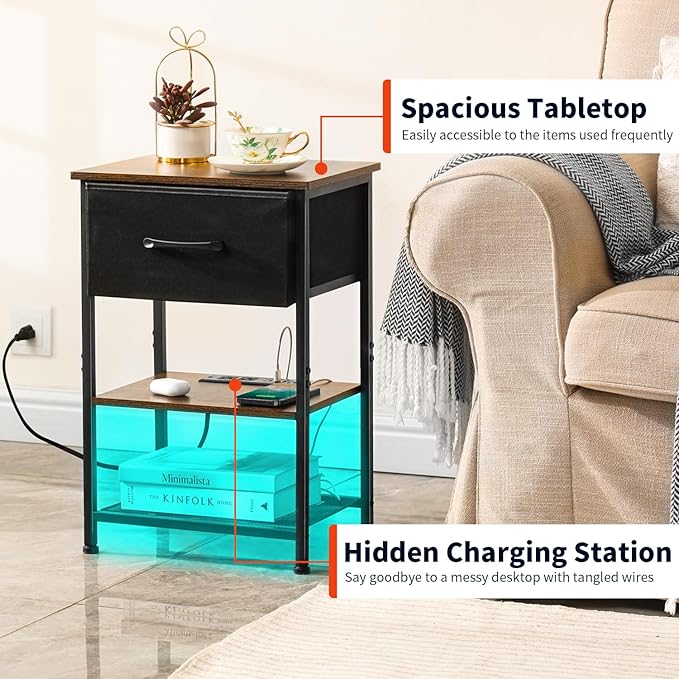 LAKEMID Nightstands Set of 2 with Charging Station and Drawer,Wood Bedside Table with 20 Colors LED Light for Bedroom Living Room (Rustic Brown)