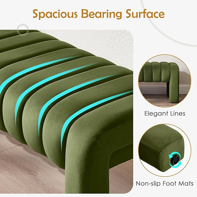 63” Dining Room Bench, Olive Green Tufted Upholstered End of Bed Bench, Modern Entryway Ottoman Window Seat with Solid Wood Legs and Padded Seat for Bedroom, Hallway and Living Room (Velvet)