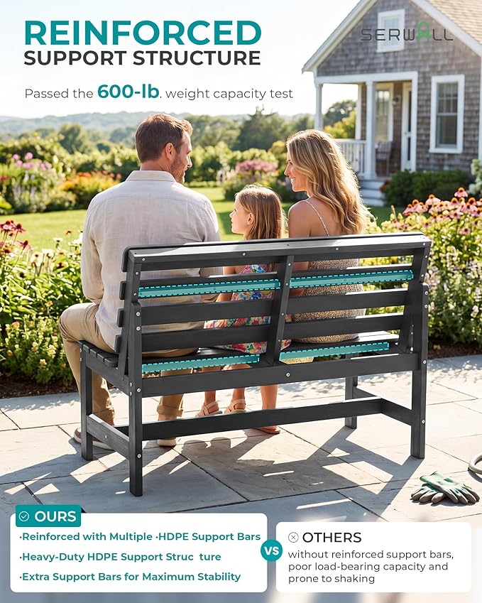 SERWALL Outdoor Bench, All Weather HDPE Outdoor Benches, 2-Person Armless Porch Bench with 600 lbs Weight Capacity, Patio Benches for Outdoors, Porch, Park and Dining, Grey, 2 Pack