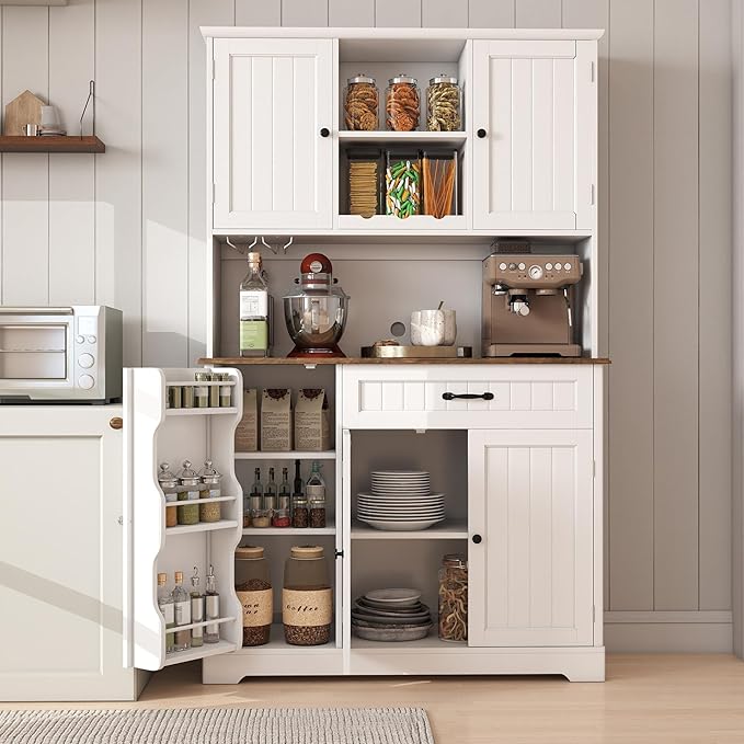 Gizoon Kitchen Pantry Cabinet with Countertop Kitchen Hutch Storage Cabinet 67.7" Tall Pantry Coffee Bar with Storage for Dining Room and Craft Room, White and Rustic