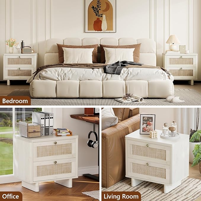 LAZZO White Nightstands Set of 2, Mid Century Modern Night Stand with 2 Rattan Drawers, Bedroom End Tables
