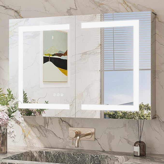 TokeShimi 36x24 Lighted Medicine Cabinet Mirror with Outlet, 3 Colors Dimmable Led Medicine Cabinet with Lights, Wall-Mount or Recessed, Anti-Fog Mirror with Storage for Bathroom and Vanity