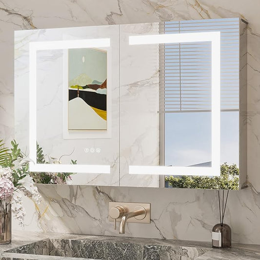TokeShimi 36x24 Lighted Medicine Cabinet Mirror with Outlet, 3 Colors Dimmable Led Medicine Cabinet with Lights, Wall-Mount or Recessed, Anti-Fog Mirror with Storage for Bathroom and Vanity