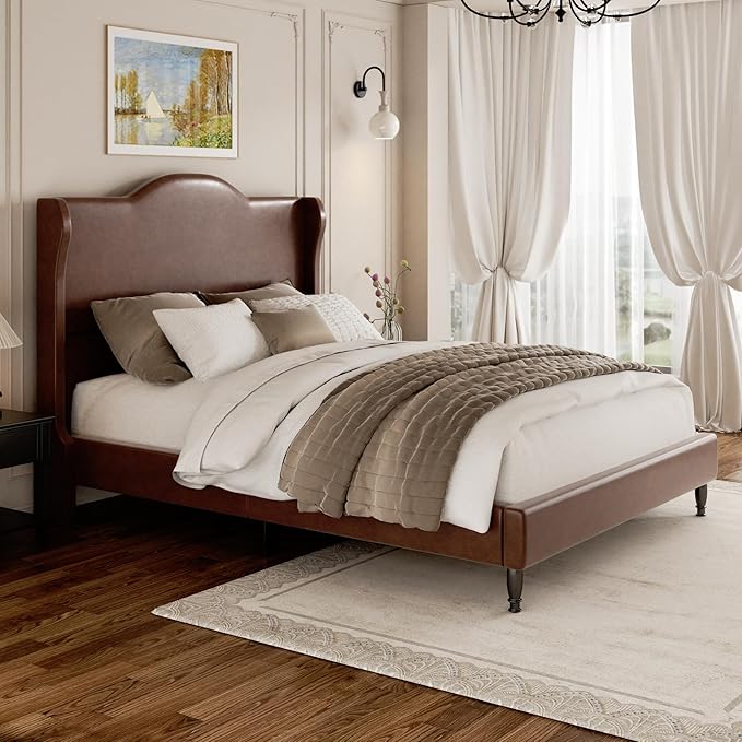 Full Upholstered Bed Frame with Tall Headboard, Leather Platform Bed Frame with Wingback Sides, Wood Slats Support, Noise-Free Design, No Box Spring Required, Easy Assembly, Dark Brown