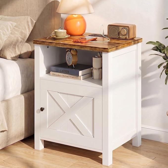 Marsail Farmhouse Nightstand, Wood Bedside Table with Charging Station, Night Stand with Shelf and Doors, End Table with Storage Side Table for Bedroom, White & Brown (1 Pack)
