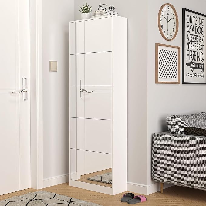 Shoe Storage Cabinet with Full Length Mirror, 30 Pairs & 5 Flip Drawer, Free Standing Shoe Rack Cabinet, Narrow Shoes Organizer for Front Door, Entryway