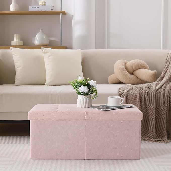 Storage Ottoman Bench Foldable Seat Footrest Shoe Bench End of Bed Storage with Flipping Lid, 75L Storage Space, 30 inches Linen Fabric Pink, OT026PK