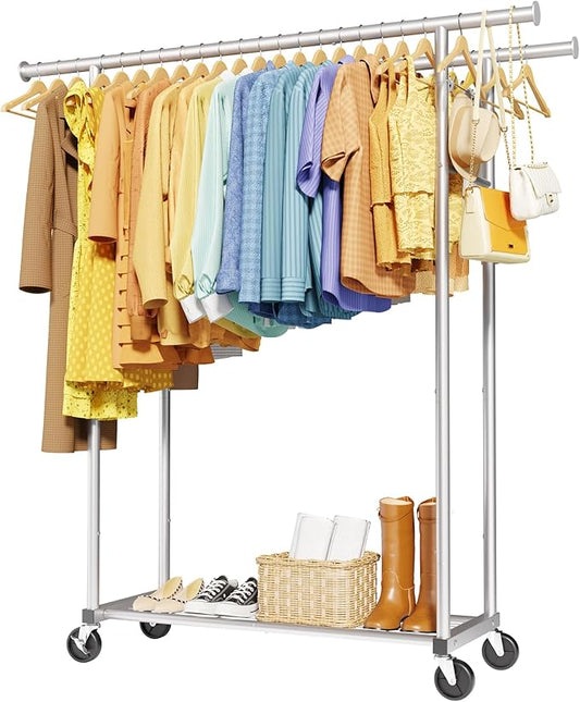 Sakugi Mobile Double Rod Clothes Rack, Freestanding Garment Organizer with Medium Load Capacity and Bottom Storage Shelf for Home Use,Silver