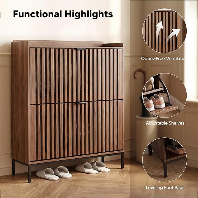 Shoe Cabinet for Entryway, Modern Slim Shoe Storage Cabinet with 2 Flip Drawers, Freestanding Narrow Shoe Rack Organizer with Breathable Slatted Doors & Adjustable Footpads for Hallway & Foyer, Walnut