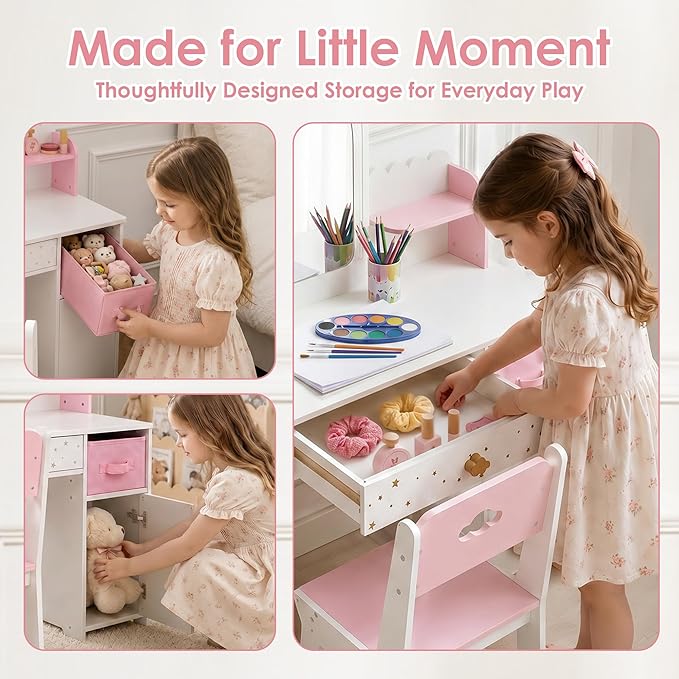 Leeshyah Kids Vanity with Lights and Chair, 3-Color Lighted Mirror Kids Vanity Table and Chair Set, Toddler Vanity Desk with Drawer, Storage Cabinet and Bin, Pretend Play Vanity for Ages 3+