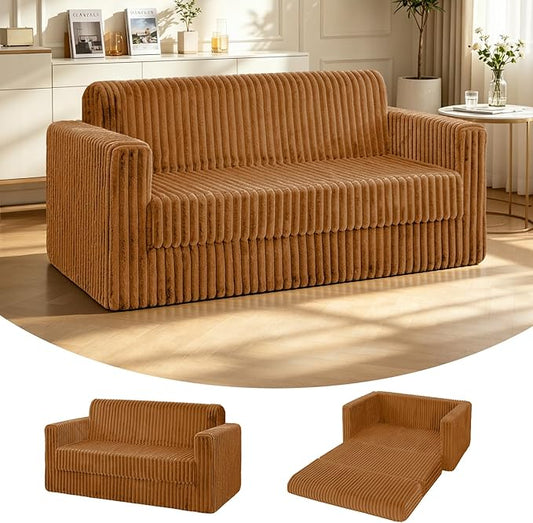 HABUTWAY 49.8" Loveseat Boneless Couch, 4-in-1 Convertible Sofa Bed, Plush Fur Folding Futon Sofa Bed Couches Without Pillow for Living Room, High-Density Foam Support, No Assembly Required, Orange