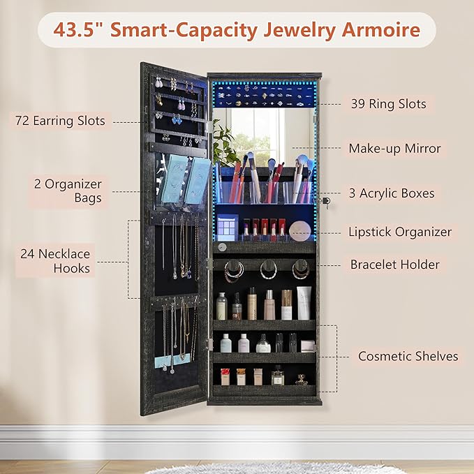 360° Swivel Jewelry Cabinet with Lights - RGB Vanity Mirror | Rotatable Full Length Mirror with Jewelry Storage, Standing Jewelry Armoire Organizer, Foldable Makeup Shelf, White (Dark Oak)
