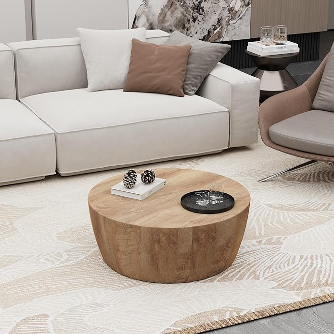 30" Round Coffee Table, Drum Coffee Tables for Living Room, Vintage Reversible Wooden Coffee Table, Mid Century Modern Center Table Tea Table for Bedroom or Office, No Need Assembly