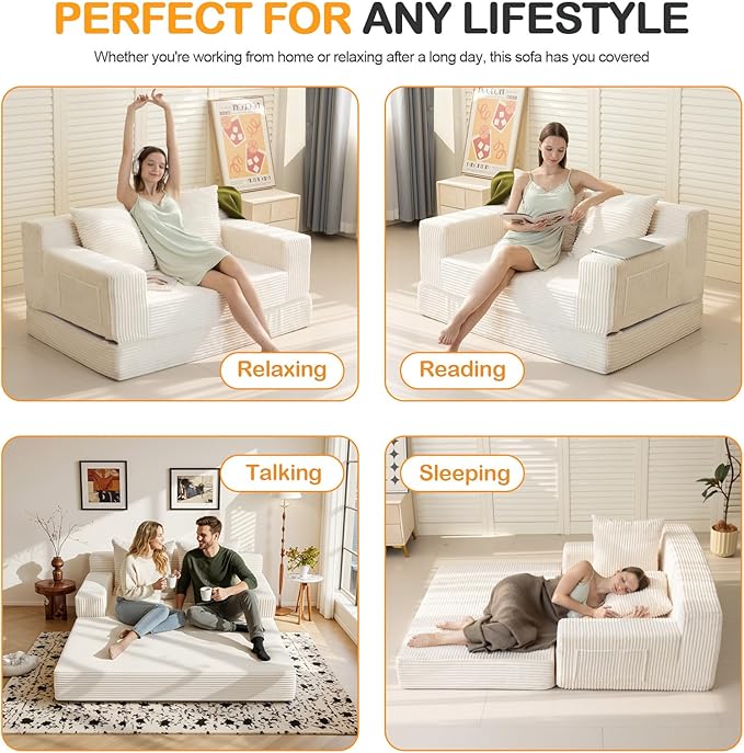 Erament Convertible Sofa Bed, Loveseat Folding Floor Futon Sleeper Sofa Couch Bed- Boneless Foldable Couch, Corduroy Pull Out Sofa Bed with 2 Pillows for Living Room & Bedroom