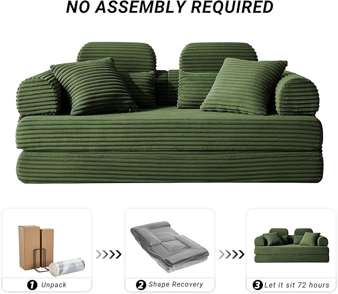 78.8" Convertible Sofa Bed with High Backrest Headrest, 5-in-1 Corduroy Boneless Couch with Side Pocket, Sleeper Loveseat Couch Bed Sectional Couches for Living Room, No Assembly, Light Green