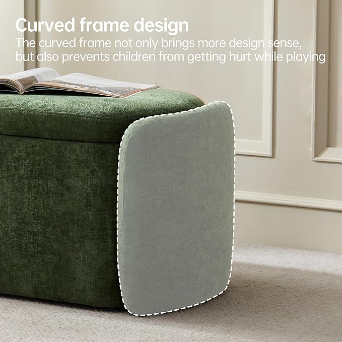 VKNOW 46" Oval Storage Ottoman Bench, Upholstered End of Bed Bench Ottomans Bench Foot Rest, Sherpa Storage Bench for Bedroom, Living Room and Hallway, Green