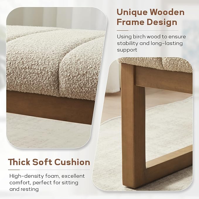 Zihanhome 52.7" Bedroom Bench for End of Bed, Modern Upholstered Teddy Fabric Entryway Bench & Dining Bench, Footrest Stool Bench with Solid Wood Frame for Bedroom, Living Room (Camel)