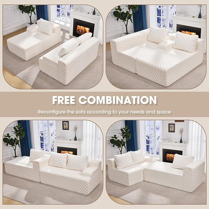 Hobestluk Modular Sectional Sofa Boneless Couch L-Shape Couch 3 Seat Modular Couch Memory Foam Sectional Couches for Living Room Furniture, Cloud Couch with Chaise Lounge (96" Left Facing Chaise)