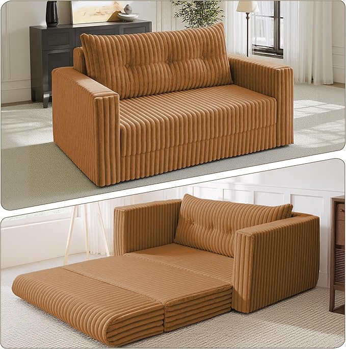 HABUTWAY 41.3" Loveseat Boneless Couch, 4-in-1 Convertible Sofa Bed, Plush Fur Folding Futon Sofa Bed Couches with a Pillow for Living Room, High-Density Foam Support, No Assembly Required, Orange