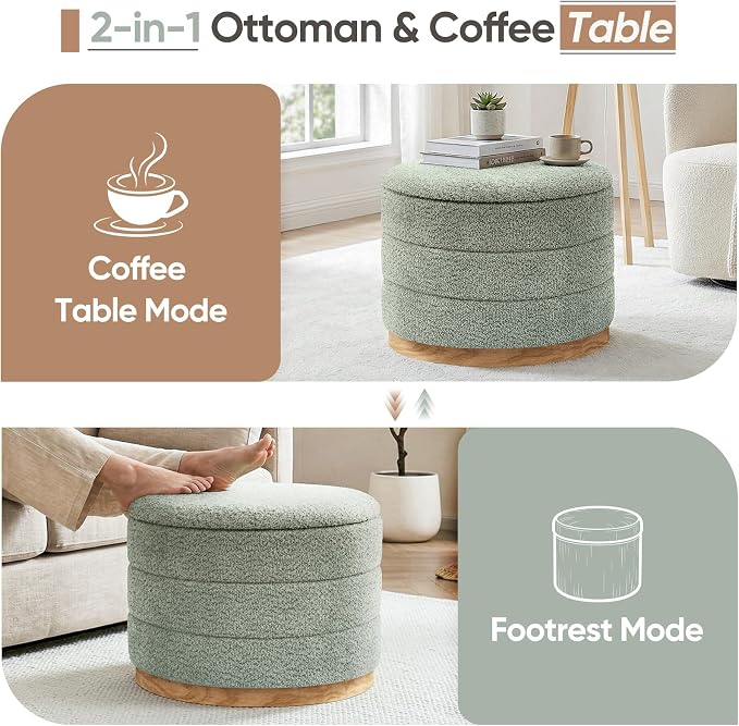 Round Storage Ottoman with Tray Lid, Folding Chenille Fabric Footrest with Hidden Storage, 22.8" Large Footstool Side Table for Dorm Living Room Bedroom, Wood Grain Base, Sage Green