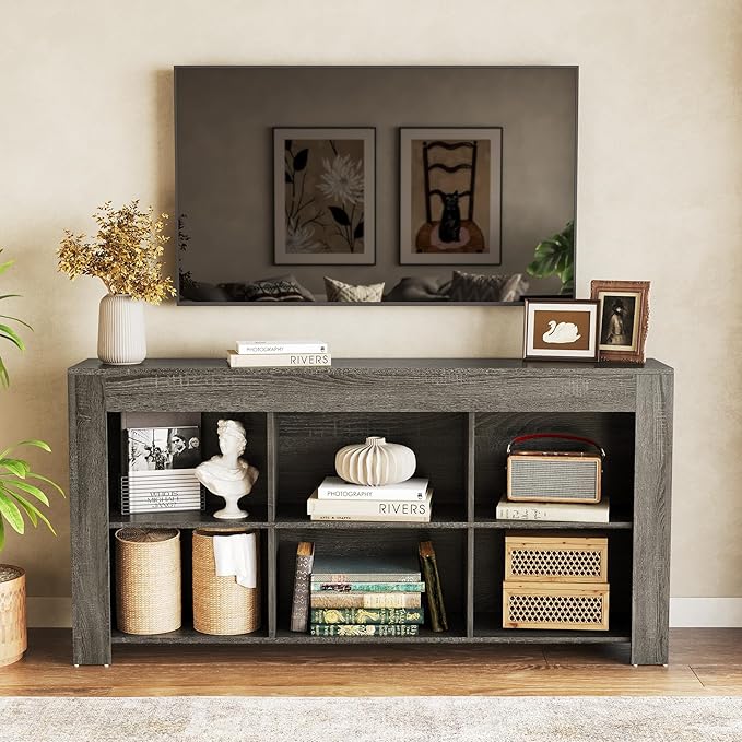 LITTLE TREE TV Stand with Storage, 63-Inch Entertainment Center with Shelves, Modern Media Console for Television up to 65" for Living Room, Bedroom, Grey + Black