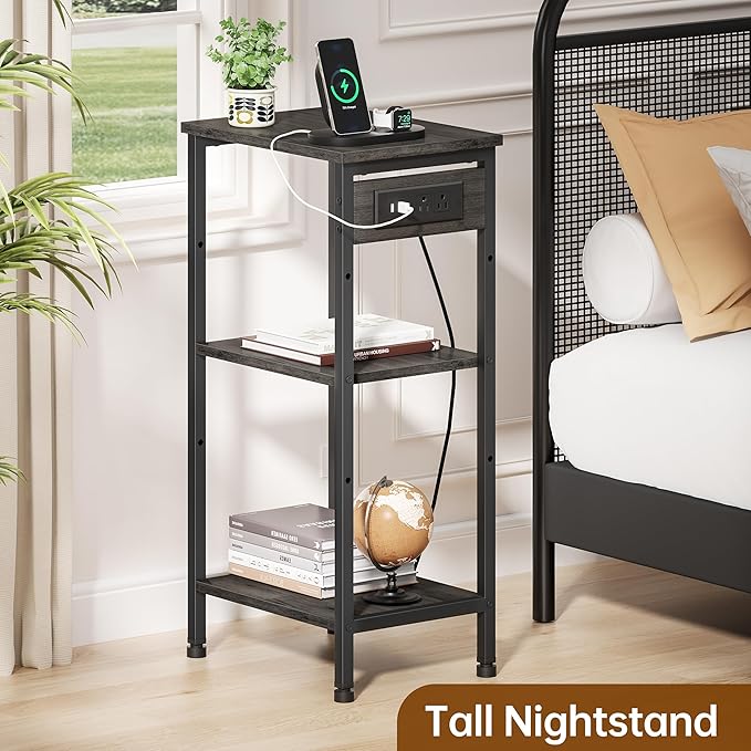 Asgolion Tall End Table with Charging Station, 3 Tier Narrow Beside Table with Adjustable Shelf, Tall Gray Side Table Nightstand for Bedroom, Living Room Coffe Table, Office, Charcoal Grey