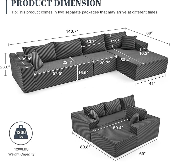 Mangodan 140” Cloud Sectional Couch, Boneless Sofa for Living Room, Modular Sectional Sofa with Deep Seat, Comfy Fluffy L-Shaped Couch with Right-Facing Chaise, No Assembly Required, Grey