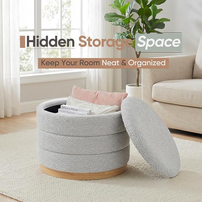 Round Storage Ottoman with Tray Lid, Folding Chenille Fabric Footrest with Hidden Storage, 22.8" Large Footstool Side Table for Dorm Living Room Bedroom, Wood Grain Base, Sliver Grey