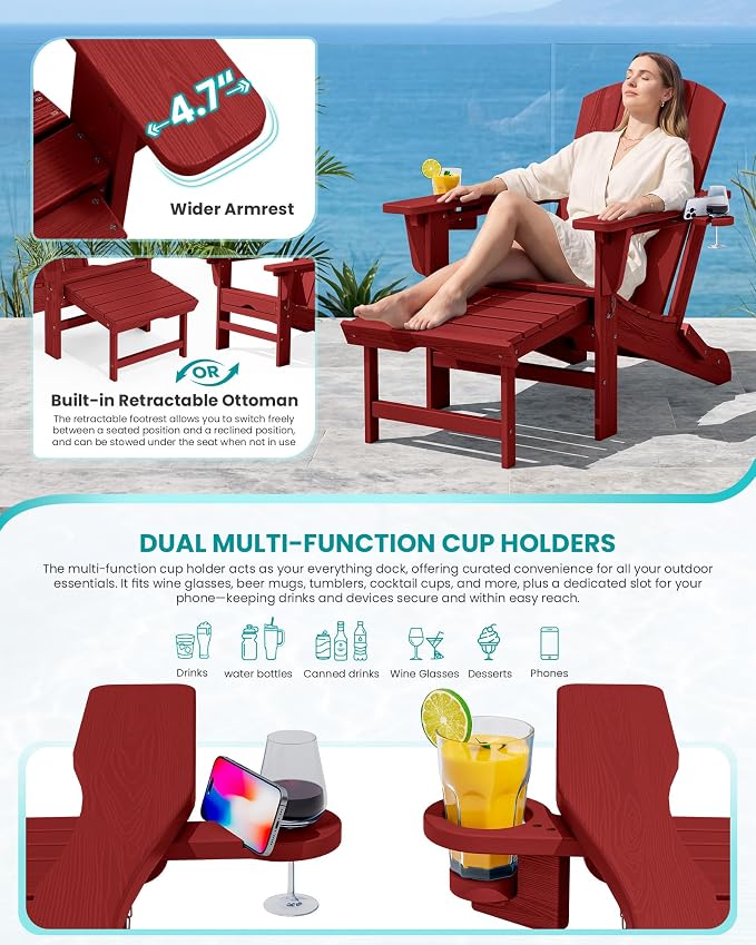 SERWALL Folding Adjustable Adirondack Chairs with Footrest Set of 4, HDPE Outdoor Chair with Dual Cup Holders, All Weather Adirondack Chair with Ottoman, Red