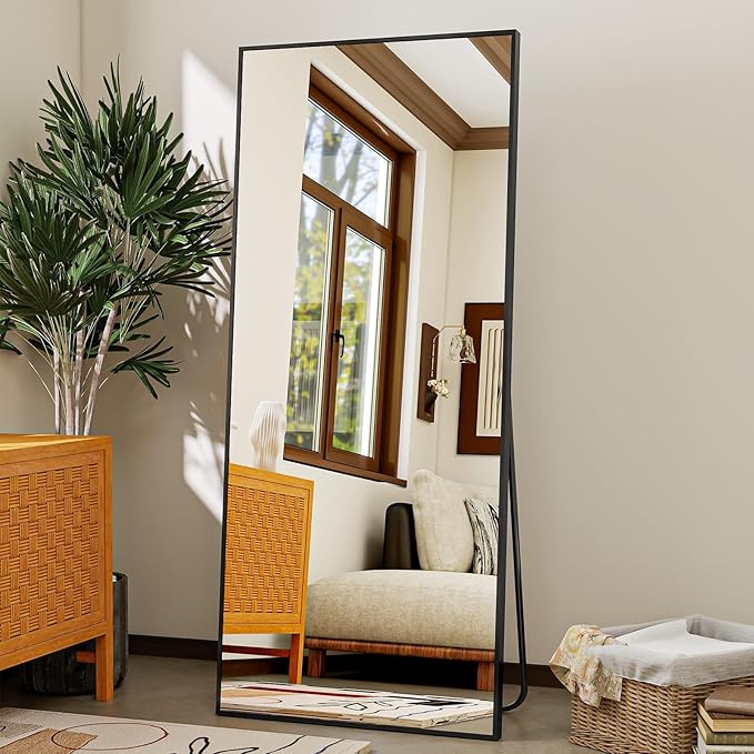 VooBang Mirror Full Length - 21" x 57" Floor Mirror with Stand, Aluminum Alloy Frame Full Body Mirror, Standing Hanging or Leaning Against Wall for Bedroom and Living Room, Black