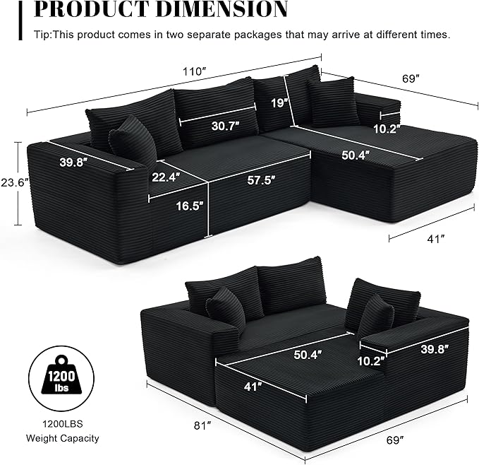 Mangodan 110” Cloud Sectional Couch, Boneless Sofa for Living Room, Modular Sectional Sofa with Deep Seat, Comfy Fluffy Couch with L-Shaped Chaise, No Assembly Required (Right-Facing Chaise, Black)