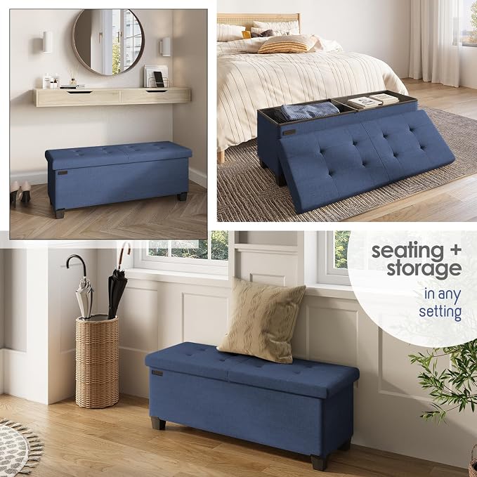 Storage Ottoman Bench with Bins, 43-in Storage Bench for Bedroom End of Bed, Folding Foot Rest Ottoman for Living Room Max 660lbs, Fabric Ottomans, Blue