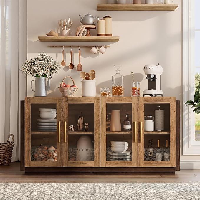 AMERLIFE Sideboard Buffet Cabinet, Mixed Color Accent Cabinet with LED Lights, Modern Glass Doors Storage Cabinets with Adjustable Shelf, Console Table for Dining, Living Room, Barnwood&Brown