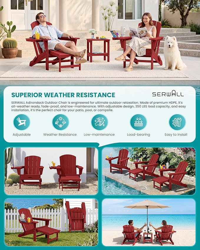 SERWALL Folding Adjustable Adirondack Chairs with Footrest Set of 4, HDPE Outdoor Chair with 4-in-1 Cup Holders, All Weather Adirondack Chair with Ottoman, Red