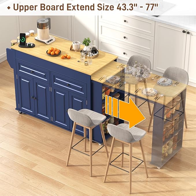 80"-48" Extendable Kitchen Island with Extended Dining Table and Power Outlet,Large Mobile Kitchen Storage Islands with 2 Storage Drawers,Rolling Islands Cart with 3 Extra Rows Open Shelves(Blue)