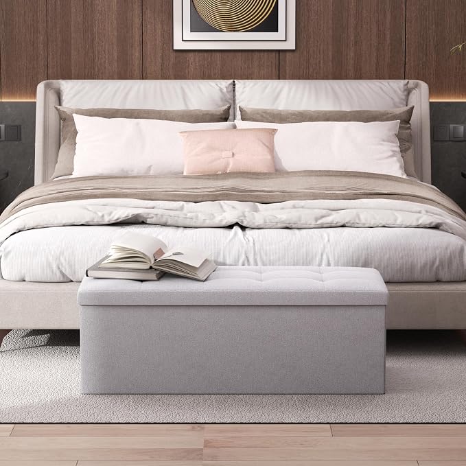 Magshion Folding Storage Ottoman Bench, 43 Inches Ottoman Foot Rest, Large End of Bed Bench, Storage Chest for Living Room, Entryway, Bedroom, 600 lbs Load Capacity, 15 x 43 x 15 Inches, Light Gray