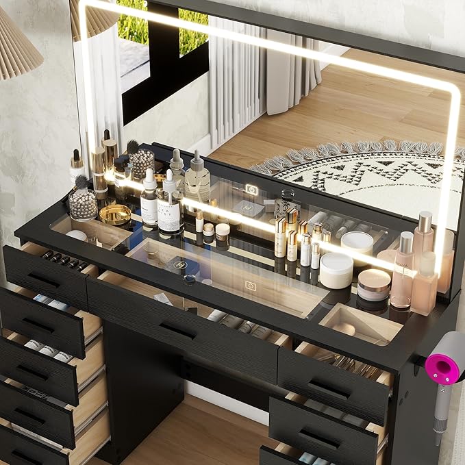 Panana Vanity Desk with 11 Drawers, Glass Top Makeup Table with Mirror and LED Lights Vanity with Stool 3 Lighting Modes Brightness Adjustable Dressing Table with Power Outlet (Black)