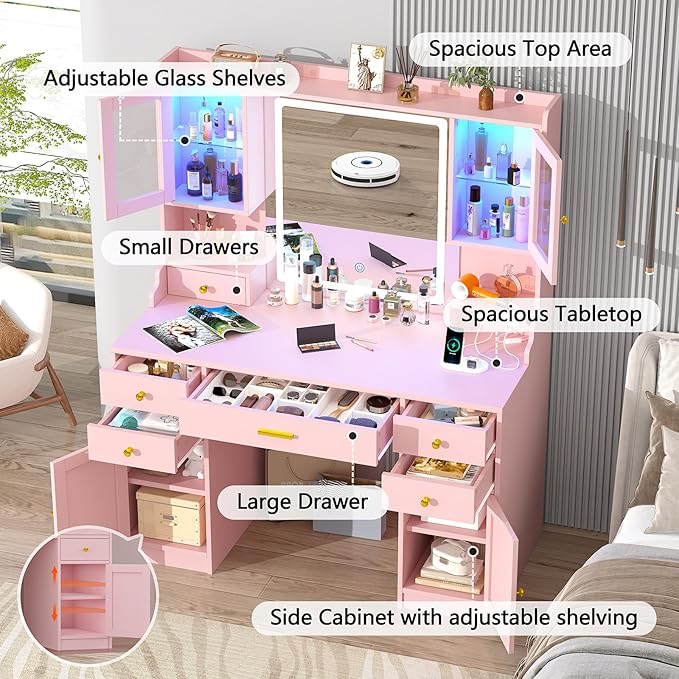 CSZZD Vanity Desk with LED Lighted Mirror, 41.3" Makeup Vanity Table with Power Outlet and 6 Drawers & Storage Shelves for Bedroom, Dressing Table with RGB Cabinets, Pink