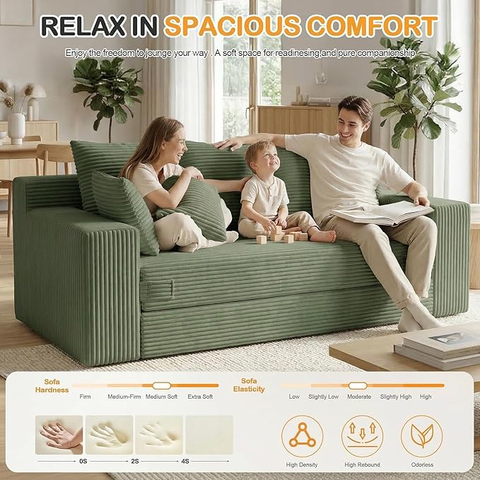 Oversize Loveseat Boneless Convertible Sofa Bed, Folding Floor Futon Sleeper Sofa Queen Size Couch Bed- Boneless Foldable Couch, Corduroy Pull Out Sofa Bed with 5 Pillows for Living Room & Bedroom