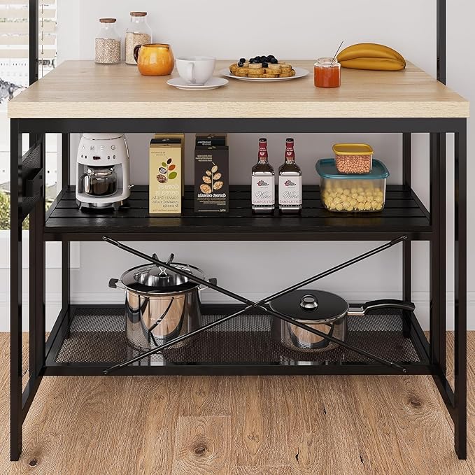 GarveeHome 47 in Versatile Kitchen Island with Storage – Durable Wood & Steel Design, Microwave Shelf, 3-Tier Open Shelves, 5 Hooks (47 in x28 in x72 in)