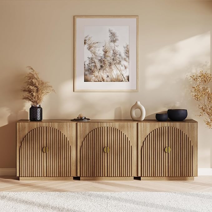 BELLEZE Set of 4 Modular Fluted Sideboard Buffet Cabinet with Storage, Mid-Century Modern Console Table with Symmetrical Arched Doors, Credenza for Dining Room, Kitchen and Living Room, Caramel Brown
