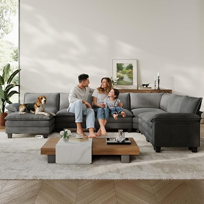 LINSY HOME Modular Sectional Sofa, 6-Seat Corduroy Modern Cloud Couch with Deep Seat & 1 Movable Ottoman, Perfect for Living Room, Office, Bedroom, Grey