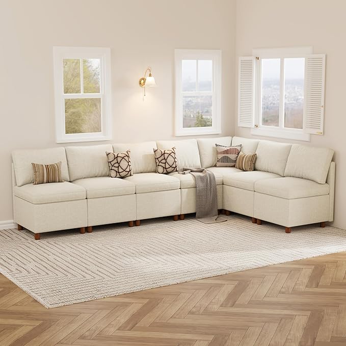 SITJOY Breakfast Nook Bench with Storage, Modular Corner Kitchen Banquette Seating, Dining Settee Couch, Upholstered Dining Bench with Back, Soft-to-Touch Fabric in Beige, 7-Seat L Shaped Nook
